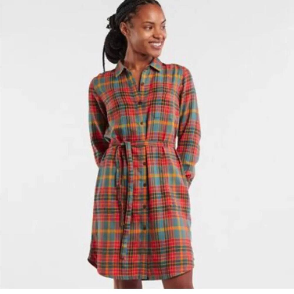 Toad&Co Platitude Women’s Plaid Flannel Shirt Dress with Tie